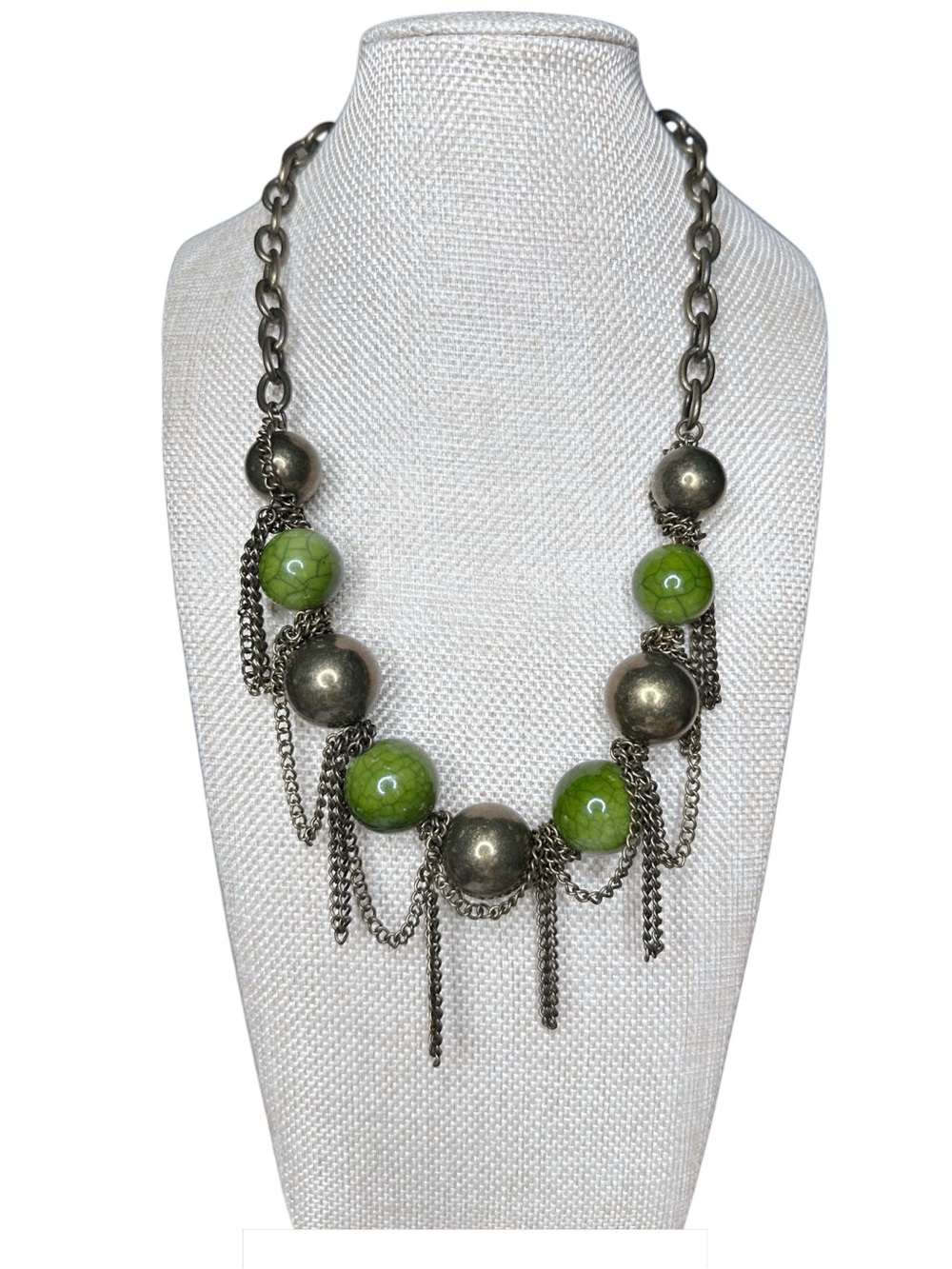 Statement Green Bead and Antique Silver Chain Necklace - Women Jewelry